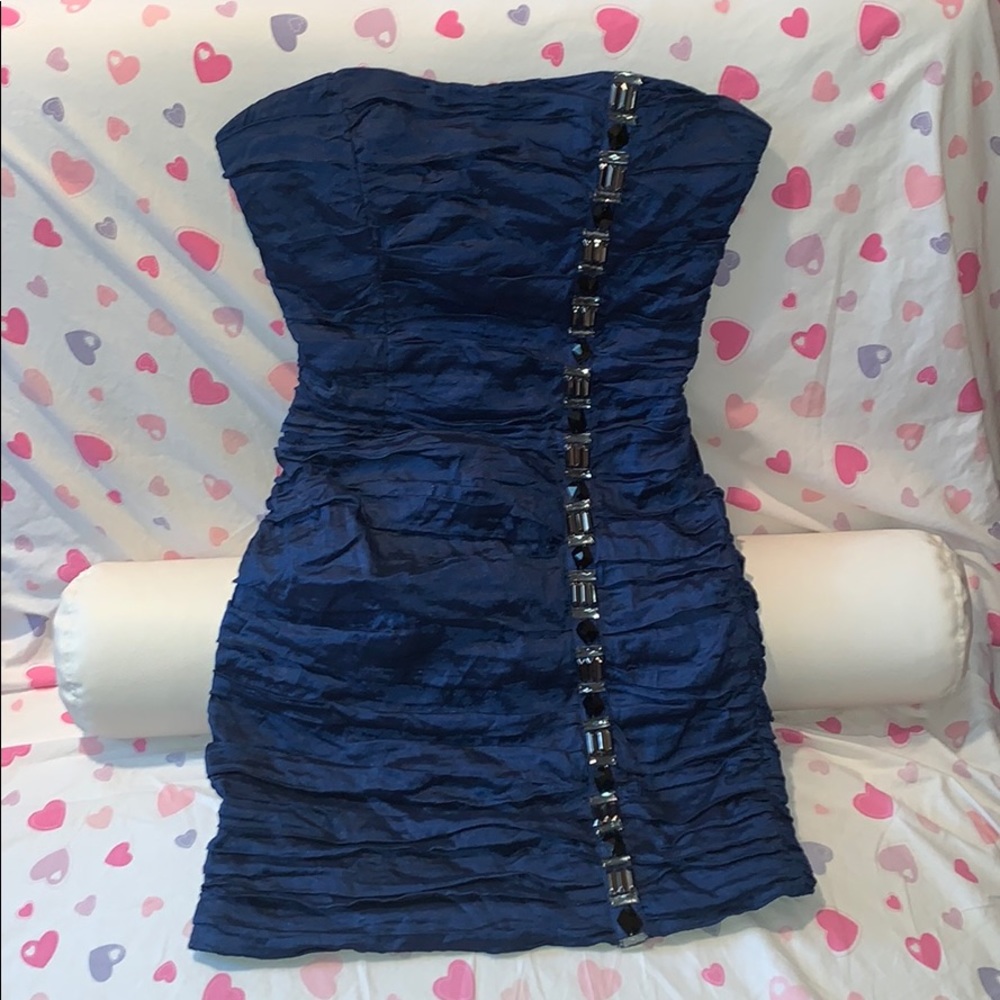 Navy blue strapless dress with rhinestone